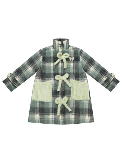 Plaid Design Sense Mid-Length Bow Woolen Coat Jacket【s0000015240】