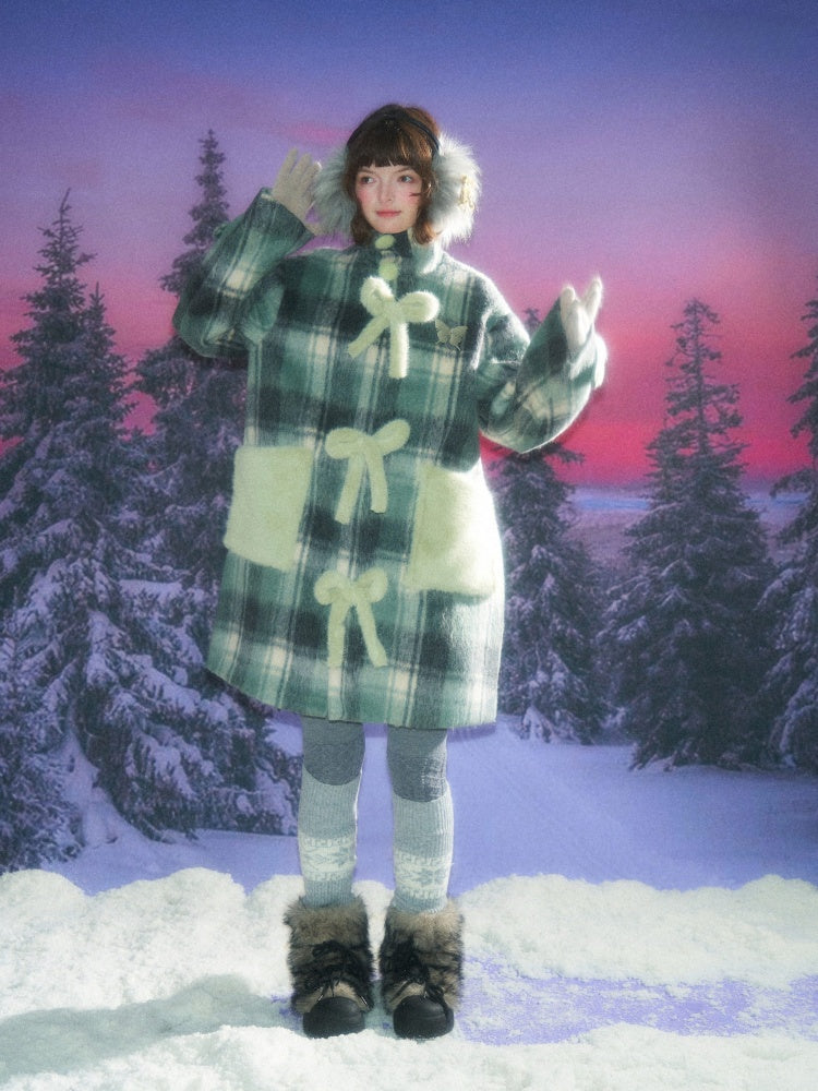 Plaid Design Sense Mid-Length Bow Woolen Coat Jacket【s0000015240】