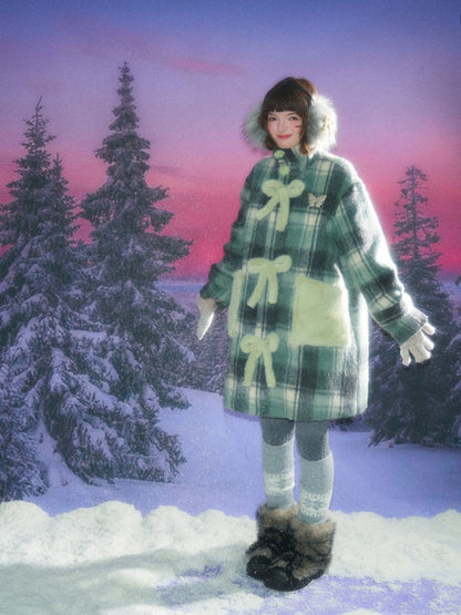 Plaid Design Sense Mid-Length Bow Woolen Coat Jacket【s0000015240】