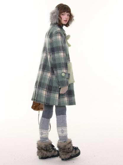 Plaid Design Sense Mid-Length Bow Woolen Coat Jacket【s0000015240】