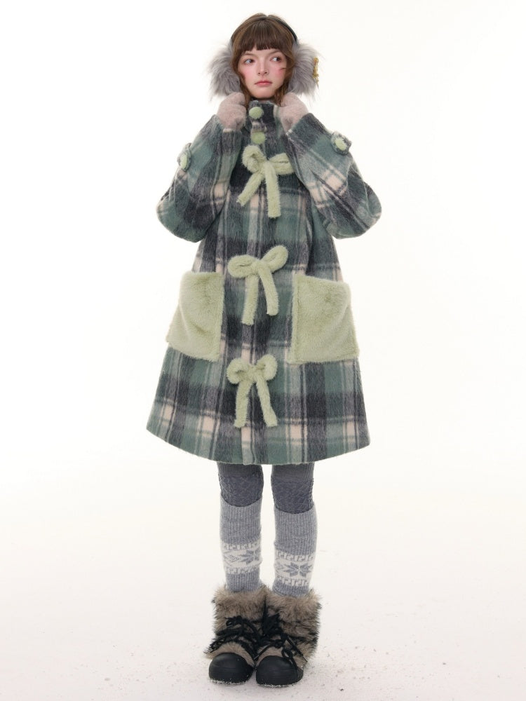 Plaid Design Sense Mid-Length Bow Woolen Coat Jacket【s0000015240】