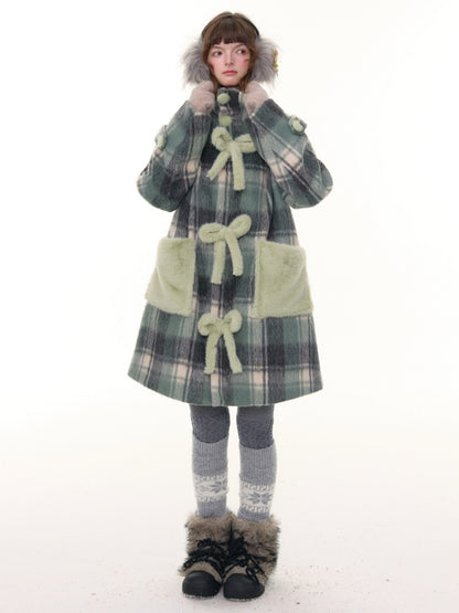Plaid Design Sense Mid-Length Bow Woolen Coat Jacket【s0000015240】
