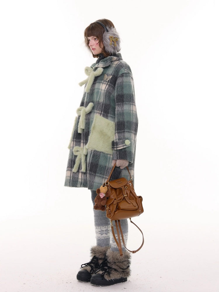 Plaid Design Sense Mid-Length Bow Woolen Coat Jacket【s0000015240】