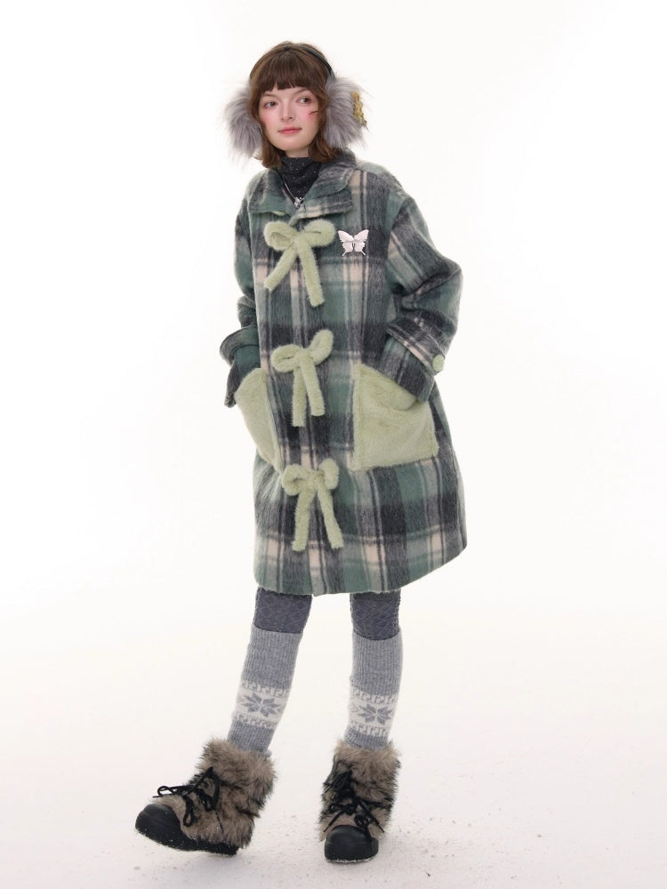 Plaid Design Sense Mid-Length Bow Woolen Coat Jacket【s0000015240】