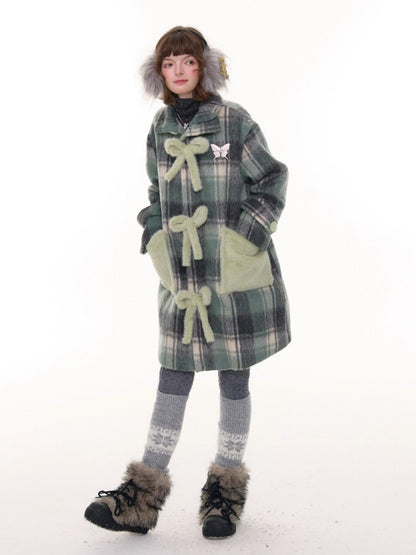 Plaid Design Sense Mid-Length Bow Woolen Coat Jacket【s0000015240】