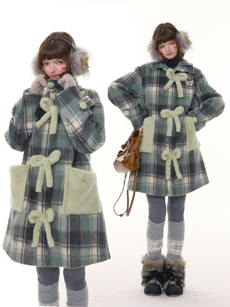 Plaid Design Sense Mid-Length Bow Woolen Coat Jacket【s0000015240】