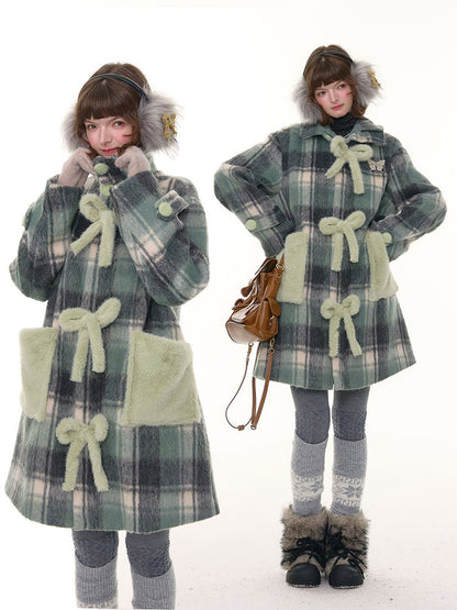 Plaid Design Sense Mid-Length Bow Woolen Coat Jacket【s0000015240】