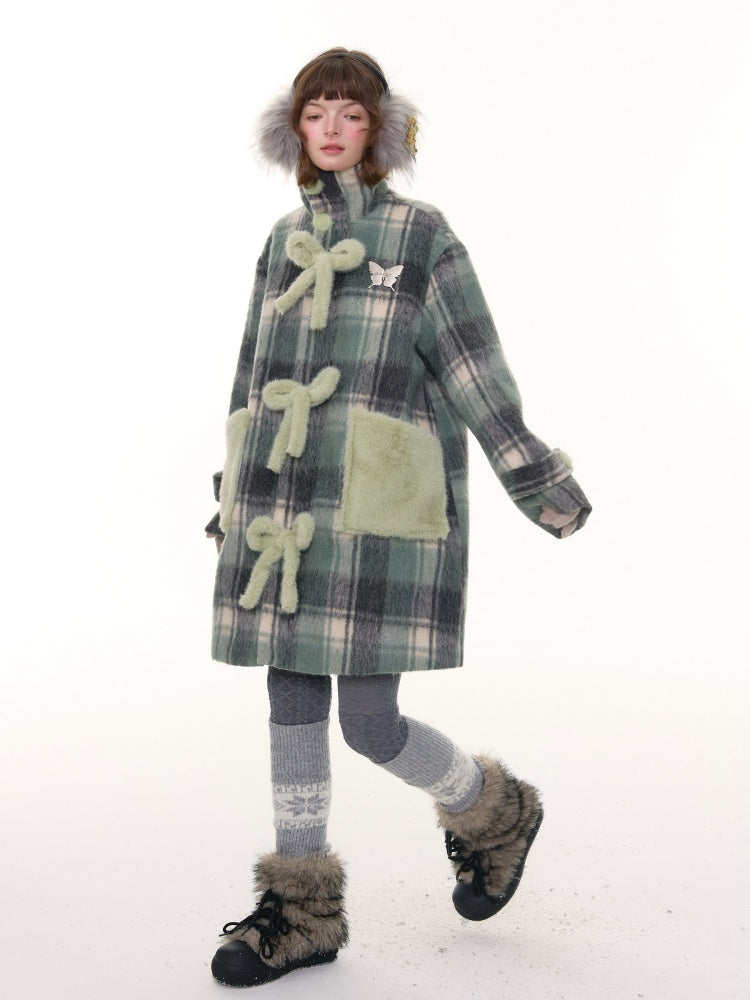 Plaid Design Sense Mid-Length Bow Woolen Coat Jacket【s0000015240】