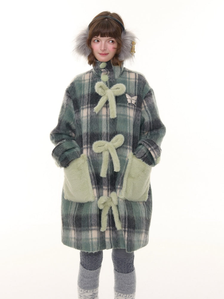 Plaid Design Sense Mid-Length Bow Woolen Coat Jacket【s0000015240】
