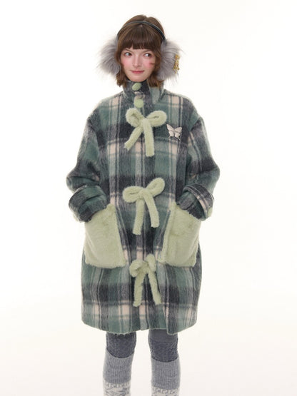 Plaid Design Sense Mid-Length Bow Woolen Coat Jacket【s0000015240】