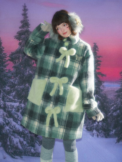 Plaid Design Sense Mid-Length Bow Woolen Coat Jacket【s0000015240】