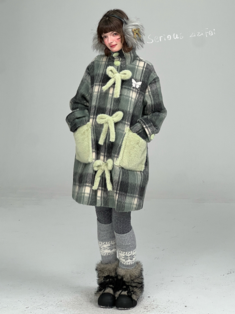 Plaid Design Sense Mid-Length Bow Woolen Coat Jacket【s0000015240】
