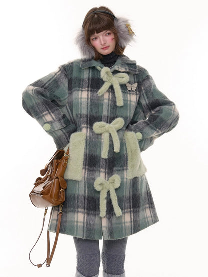 Plaid Design Sense Mid-Length Bow Woolen Coat Jacket【s0000015240】