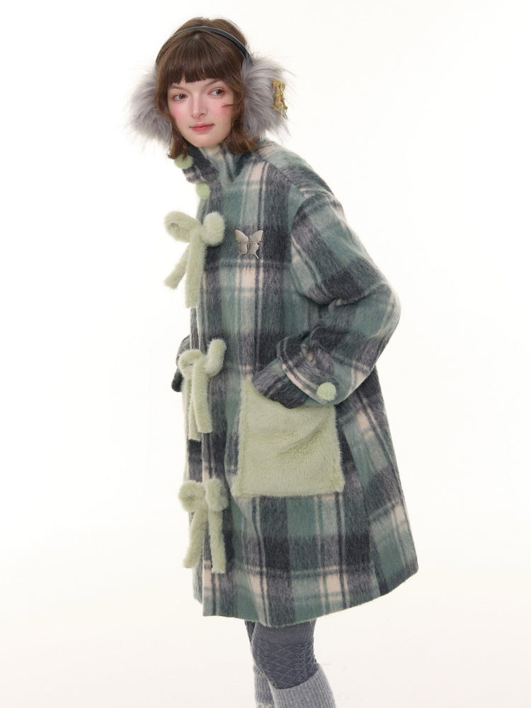 Plaid Design Sense Mid-Length Bow Woolen Coat Jacket【s0000015240】