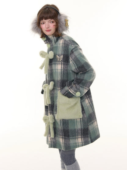 Plaid Design Sense Mid-Length Bow Woolen Coat Jacket【s0000015240】