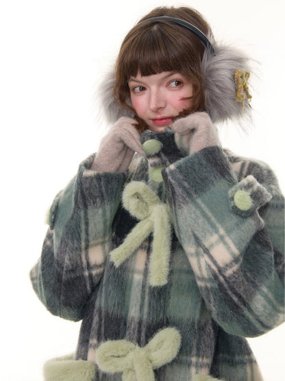 Plaid Design Sense Mid-Length Bow Woolen Coat Jacket【s0000015240】
