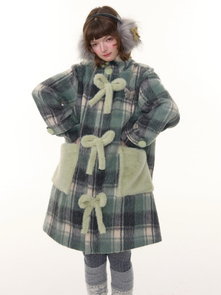 Plaid Design Sense Mid-Length Bow Woolen Coat Jacket【s0000015240】