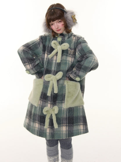 Plaid Design Sense Mid-Length Bow Woolen Coat Jacket【s0000015240】