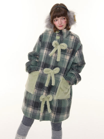 Plaid Design Sense Mid-Length Bow Woolen Coat Jacket【s0000015240】