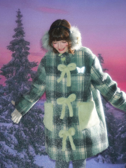 Plaid Design Sense Mid-Length Bow Woolen Coat Jacket【s0000015240】