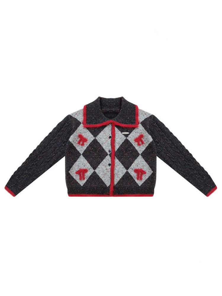 College Sense Bow Contrasting Color Doll Collar Sweater Cardigan Jacket【s0000015241】