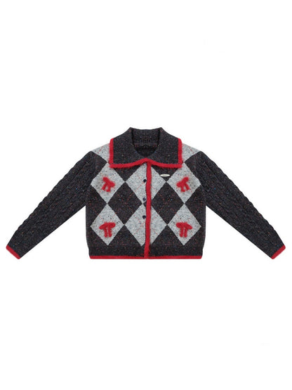 College Sense Bow Contrasting Color Doll Collar Sweater Cardigan Jacket【s0000015241】