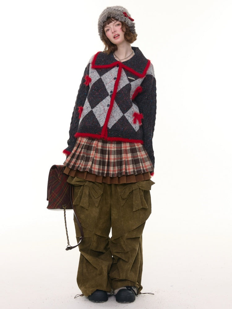 College Sense Bow Contrasting Color Doll Collar Sweater Cardigan Jacket【s0000015241】
