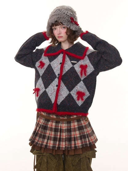 College Sense Bow Contrasting Color Doll Collar Sweater Cardigan Jacket【s0000015241】
