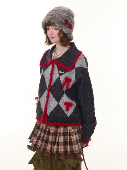 College Sense Bow Contrasting Color Doll Collar Sweater Cardigan Jacket【s0000015241】