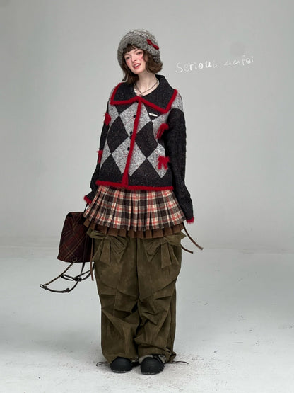 College Sense Bow Contrasting Color Doll Collar Sweater Cardigan Jacket【s0000015241】