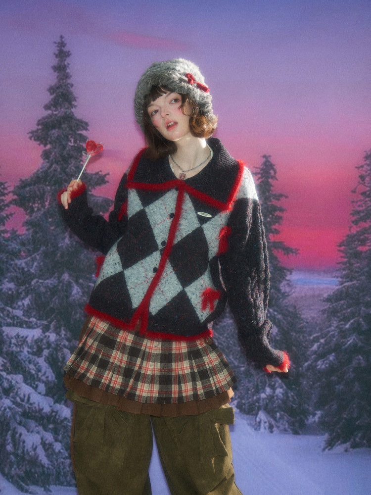 College Sense Bow Contrasting Color Doll Collar Sweater Cardigan Jacket【s0000015241】