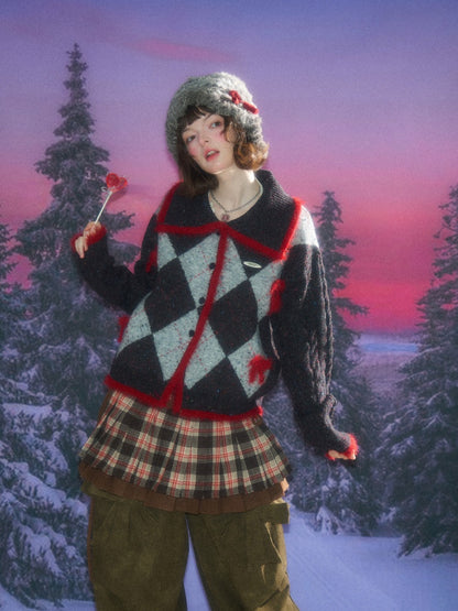 College Sense Bow Contrasting Color Doll Collar Sweater Cardigan Jacket【s0000015241】