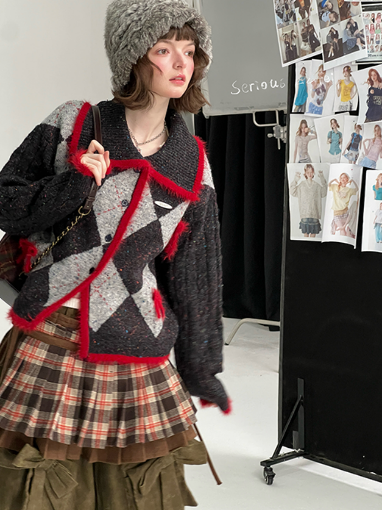 College Sense Bow Contrasting Color Doll Collar Sweater Cardigan Jacket【s0000015241】