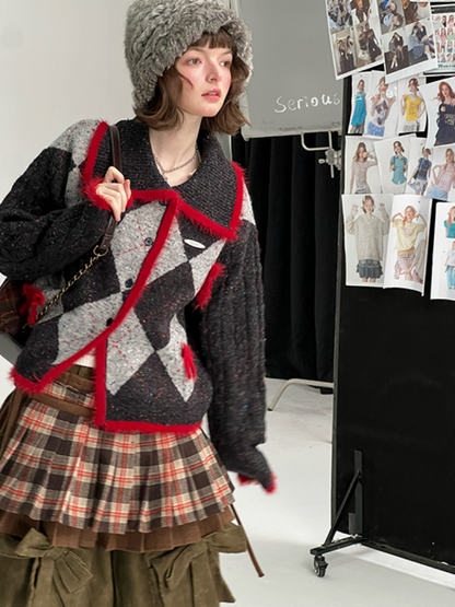 College Sense Bow Contrasting Color Doll Collar Sweater Cardigan Jacket【s0000015241】