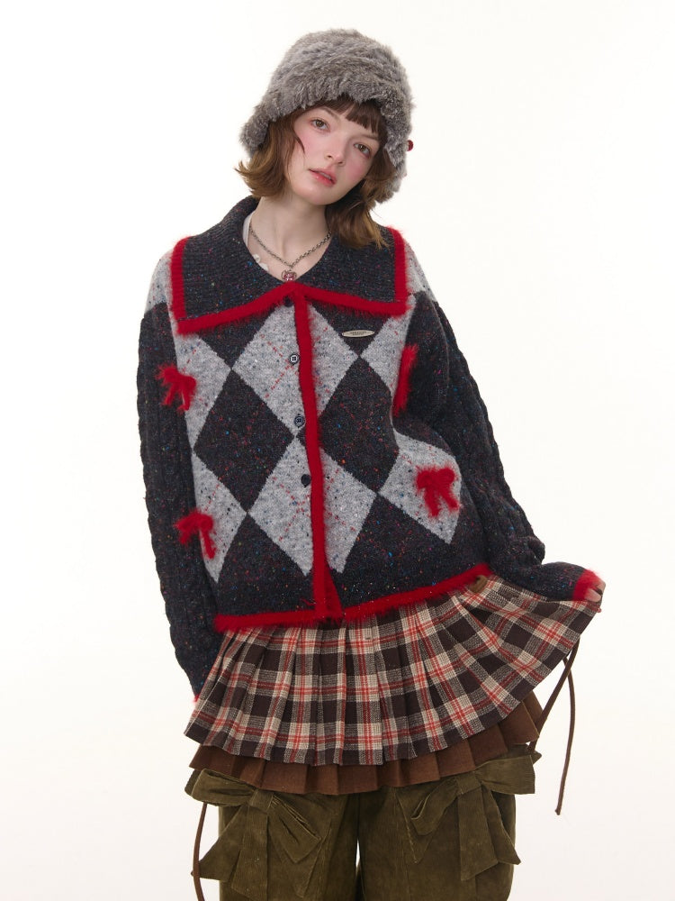 College Sense Bow Contrasting Color Doll Collar Sweater Cardigan Jacket【s0000015241】