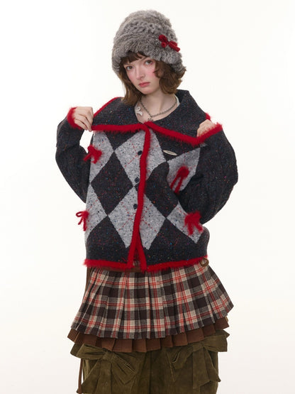 College Sense Bow Contrasting Color Doll Collar Sweater Cardigan Jacket【s0000015241】