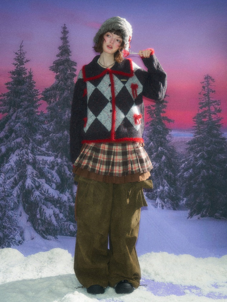 College Sense Bow Contrasting Color Doll Collar Sweater Cardigan Jacket【s0000015241】