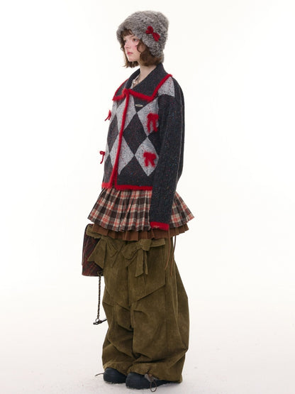 College Sense Bow Contrasting Color Doll Collar Sweater Cardigan Jacket【s0000015241】