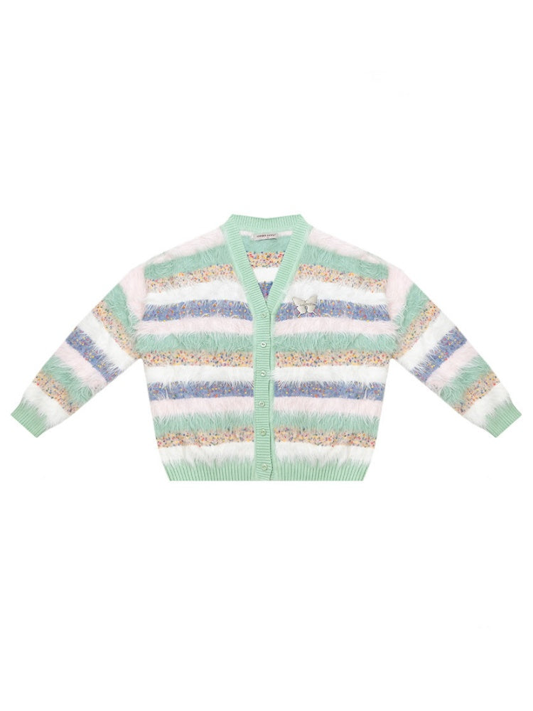 Contrast Stripe Plush Soft Waxy Sweater Cardigan Jacket【s0000015242】