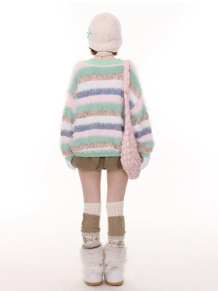 Contrast Stripe Plush Soft Waxy Sweater Cardigan Jacket【s0000015242】