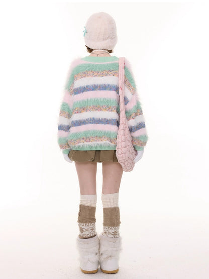 Contrast Stripe Plush Soft Waxy Sweater Cardigan Jacket【s0000015242】