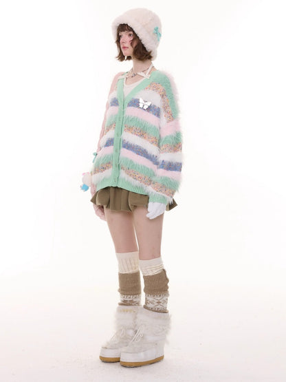 Contrast Stripe Plush Soft Waxy Sweater Cardigan Jacket【s0000015242】