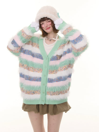 Contrast Stripe Plush Soft Waxy Sweater Cardigan Jacket【s0000015242】