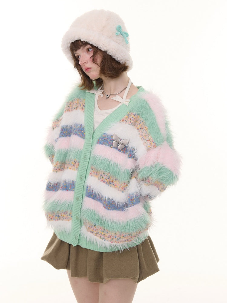 Contrast Stripe Plush Soft Waxy Sweater Cardigan Jacket【s0000015242】
