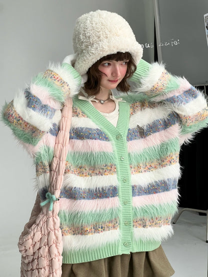 Contrast Stripe Plush Soft Waxy Sweater Cardigan Jacket【s0000015242】