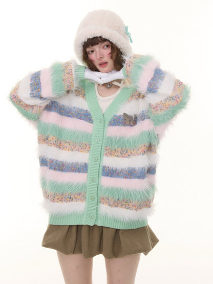 Contrast Stripe Plush Soft Waxy Sweater Cardigan Jacket【s0000015242】