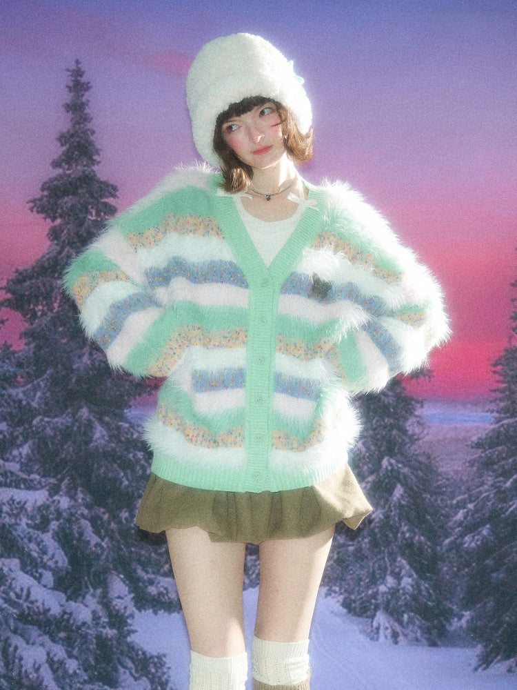 Contrast Stripe Plush Soft Waxy Sweater Cardigan Jacket【s0000015242】