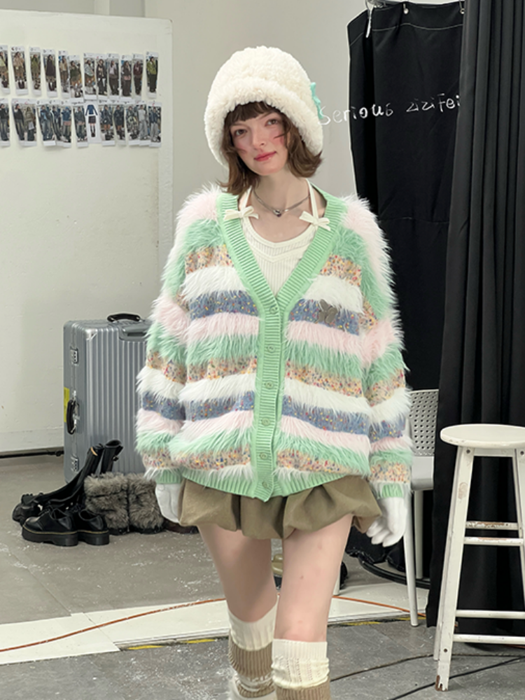Contrast Stripe Plush Soft Waxy Sweater Cardigan Jacket【s0000015242】