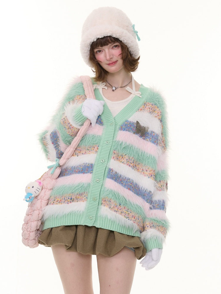 Contrast Stripe Plush Soft Waxy Sweater Cardigan Jacket【s0000015242】