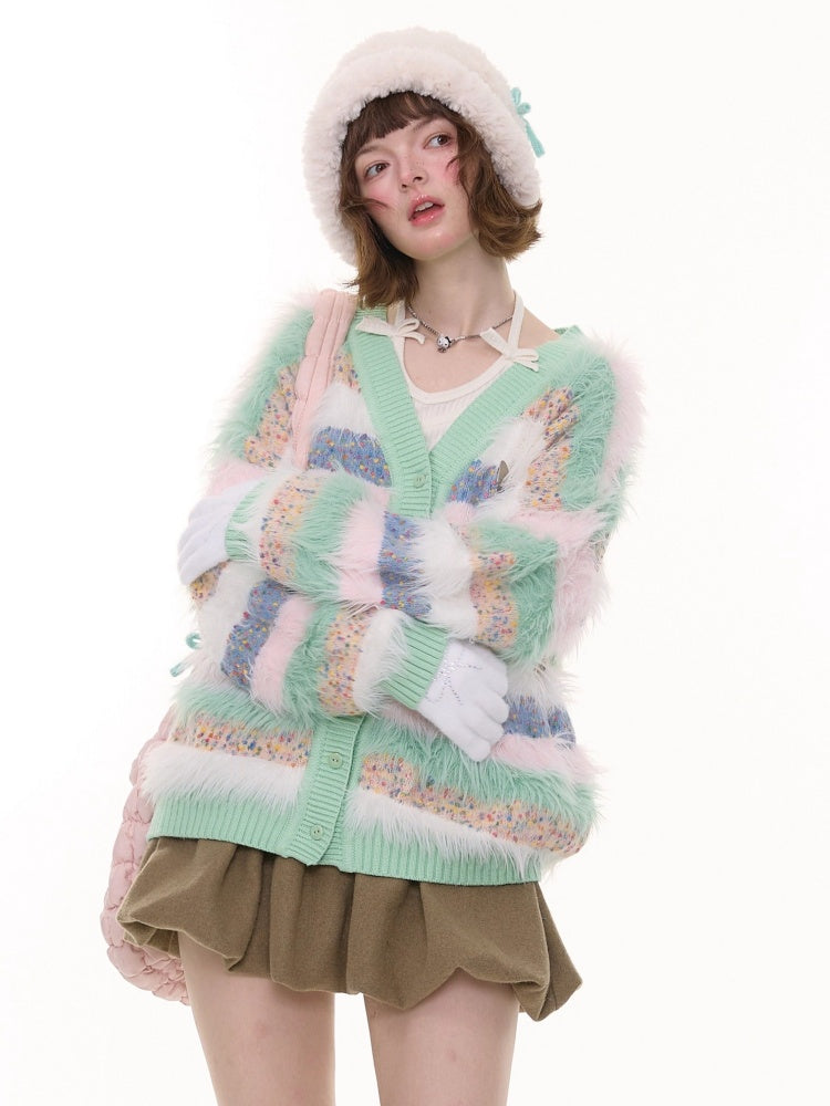 Contrast Stripe Plush Soft Waxy Sweater Cardigan Jacket【s0000015242】
